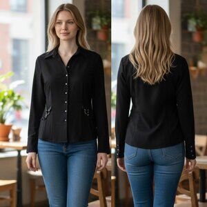Vex Womens Black Button-Up Blouse With Decorative Ribbon & Pearl Accents